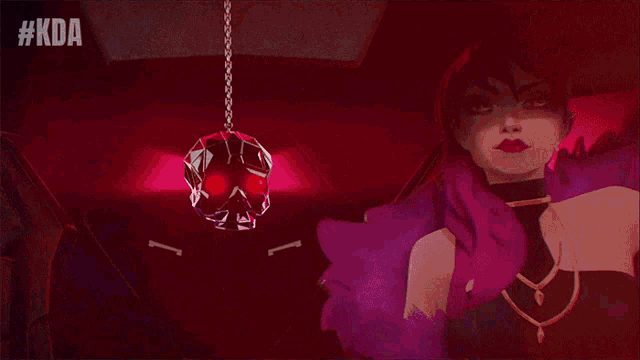 a woman with purple hair and pink sunglasses is standing in a dark room with #kda written above her
