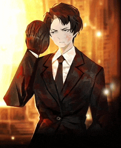 a man in a suit and tie is holding a boxing glove