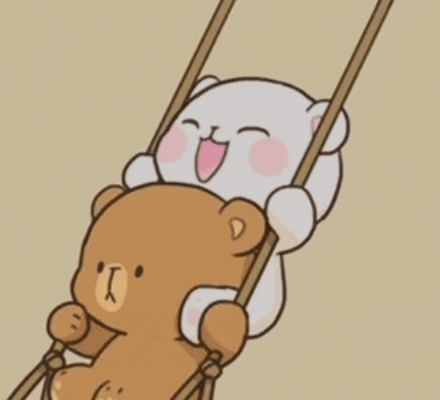 a couple of teddy bears are sitting on a swing together .