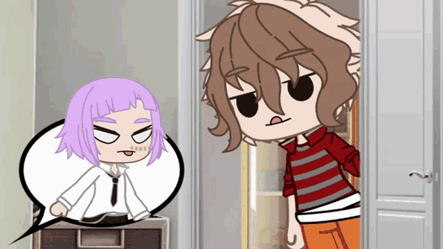 a cartoon of a girl with purple hair talking to a boy