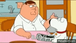 peter griffin is sitting at a table talking to a dog .