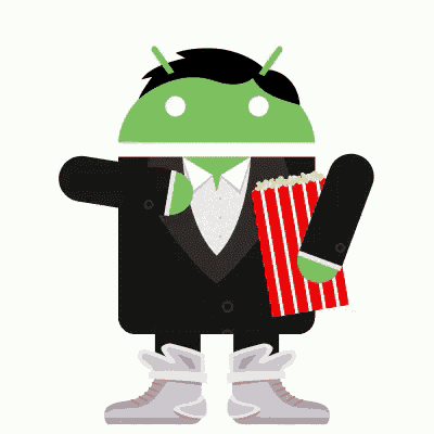 an android in a tuxedo is holding a popcorn bucket