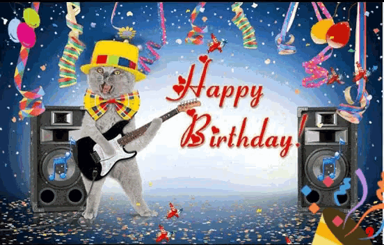 a cat in a clown hat and bow tie is playing a guitar in front of a happy birthday sign