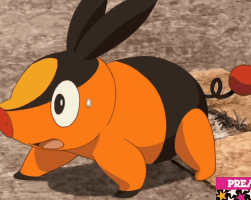 a black and orange cartoon pig with a red tail