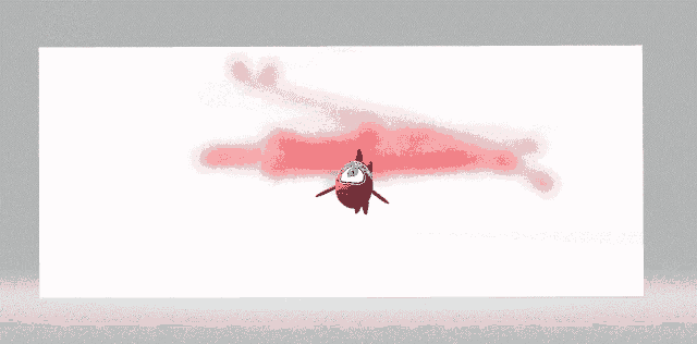 a drawing of a red object with a blue eye on a white background