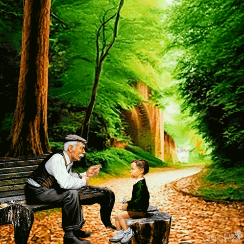 a painting of an old man talking to a young boy on a bench