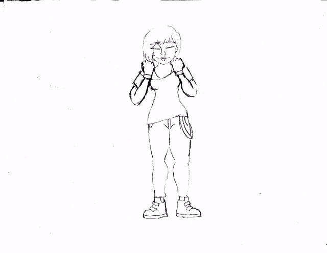 a black and white drawing of a girl standing on her one leg