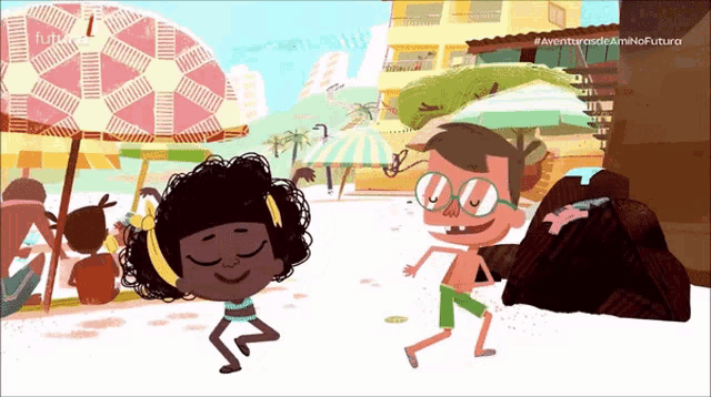 a cartoon of a boy and a girl dancing on a beach with the words " aventuras de amina futura " at the top