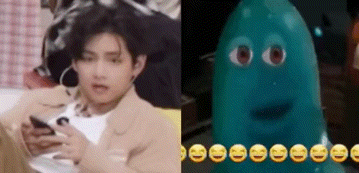 a man is sitting on a couch looking at a cell phone next to a picture of a condom with a face .