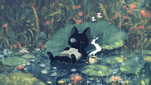 an illustration of a cat reading a book and drinking coffee in the rain