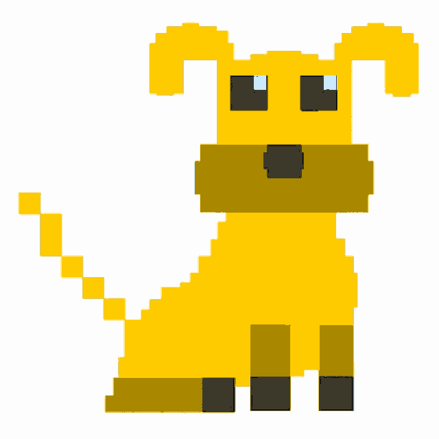 a pixel art illustration of a yellow dog with blue eyes