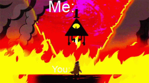 a cartoon of a man standing in front of a fire with the words `` me : you '' written on the bottom .
