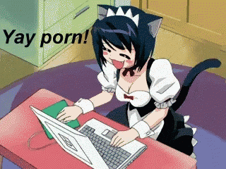 a girl in a maid outfit is typing on a laptop with the words yay porn above her
