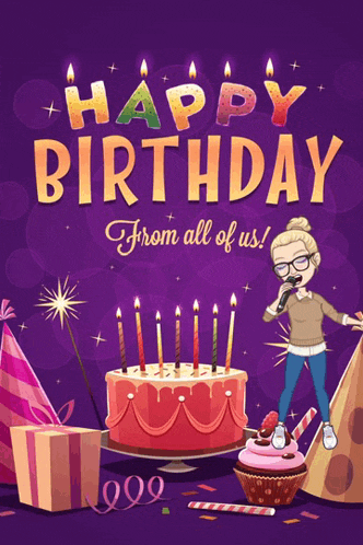a birthday card with a girl singing and a cake