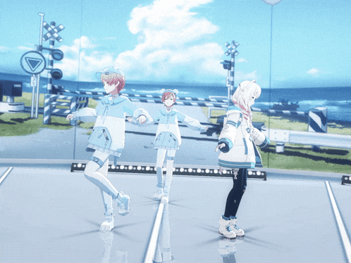 two anime girls are dancing in front of a wall with a picture of the ocean