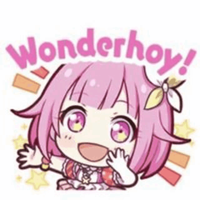 a cartoon of a girl with pink hair and purple eyes waving her hand .