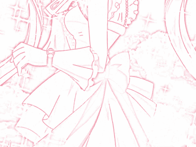 a pink and white drawing of a girl holding a fan and a microphone