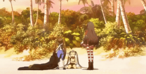 a group of anime characters are standing on a beach in front of palm trees .
