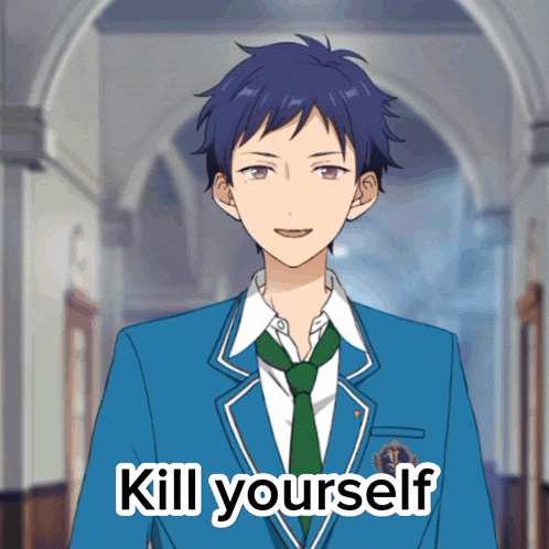 a boy in a suit and tie says kill yourself in a hallway