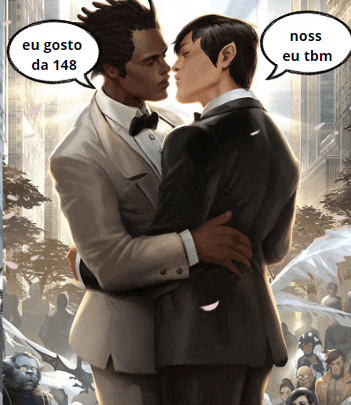 two men kissing with speech bubbles saying eu gosto da 148 and noss eu tbm