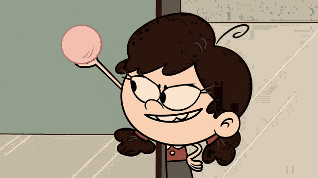 a cartoon girl is holding a pink ball