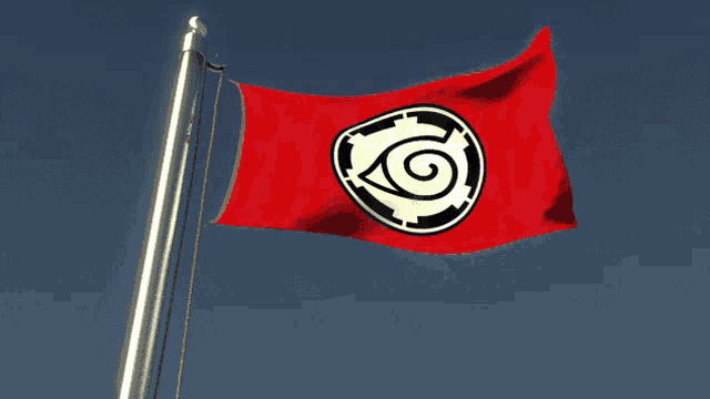 a red flag with a black and white circle with a g on it