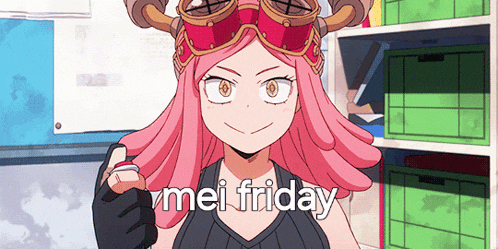a girl with pink hair is wearing goggles and the words mei friday above her