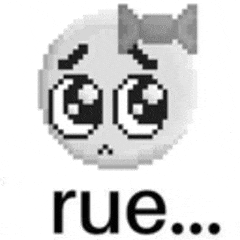 a pixel art smiley face with a bow on its head and the word rue .