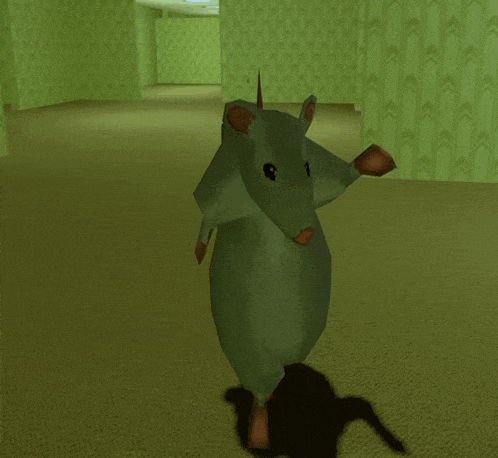 a cartoon rat is standing in a hallway with green wallpaper