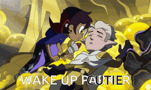 a cartoon character with the words wake up poutier written on the bottom
