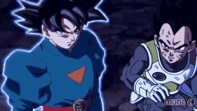 a couple of anime characters standing next to each other with the word mundy on the bottom left