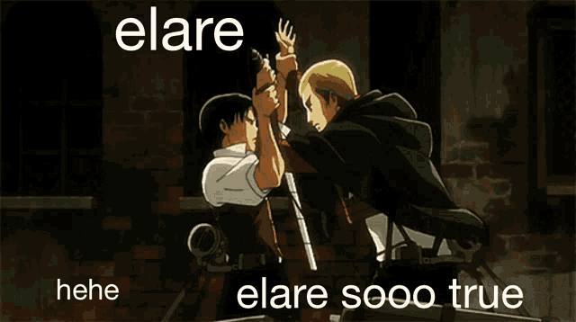 a cartoon of two men with the words elare written above them