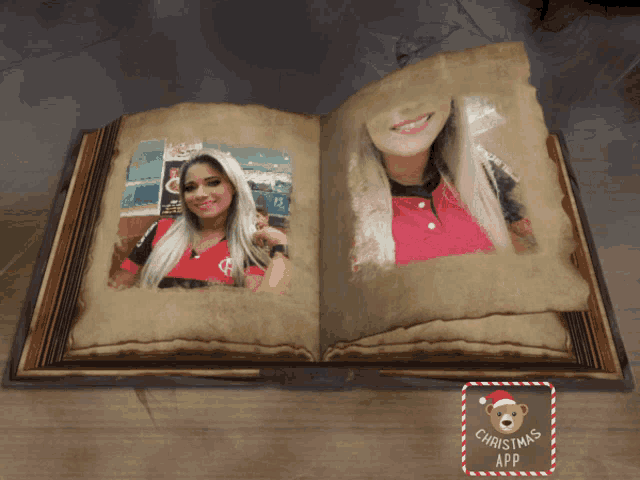 an open book with a picture of a woman and the words christmas app on it