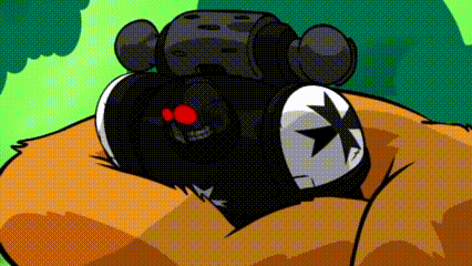 a cartoon character with red eyes and a star on his chest is sitting on a pillow .