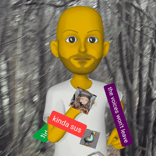 a cartoon character has a sticker on his shirt that says kinda sus