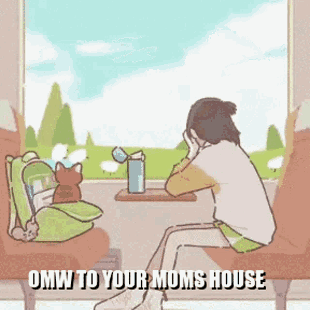 a woman is sitting at a table with a cat and a backpack .