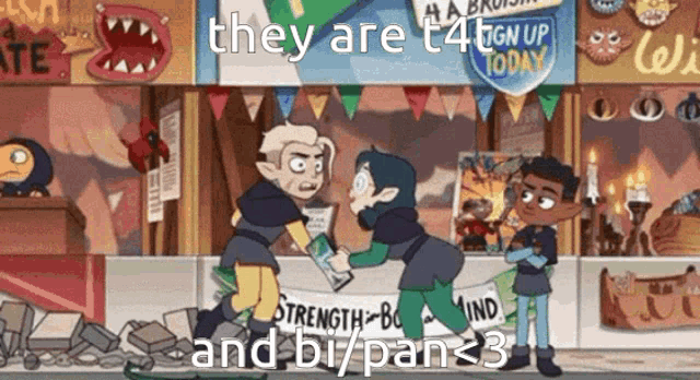 a cartoon of a group of people standing in front of a store with the words `` they are t4 sign up today '' .