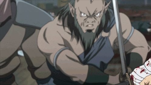 a man with a beard is holding a sword in a cartoon