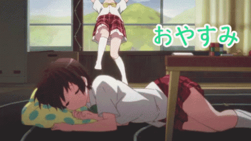 a girl in a red skirt is sleeping on a pillow in front of a window with chinese writing
