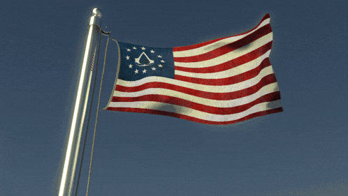 a flag with a white triangle on it is flying in the wind