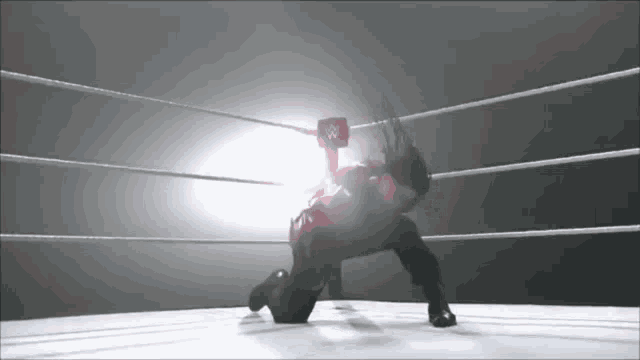 a person in a wrestling ring with a w logo