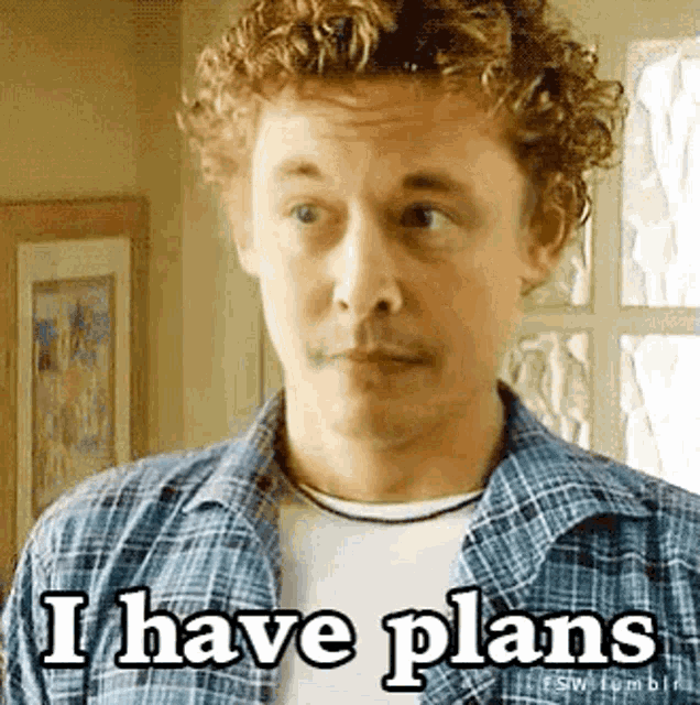 a man with curly hair is wearing a blue plaid shirt and a white shirt and says `` i have plans '' .