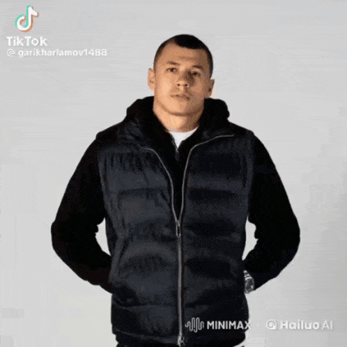 a man wearing a black vest is making a funny face with tiktok written above him