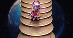 a purple cartoon character standing on a stack of coins