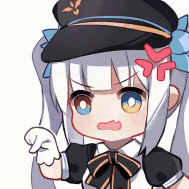 a cartoon girl with white hair and blue eyes is wearing a hat and pointing her finger .