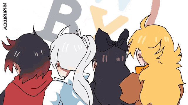 a drawing of a group of anime characters with the letters r and v behind them