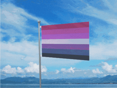 a flag with purple and blue stripes is flying in front of a blue sky