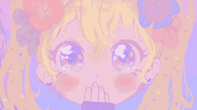 a girl with a flower in her hair is covering her mouth with her hands