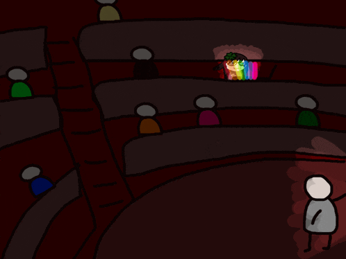 a cartoon drawing of a girl in a rainbow wig standing in front of a crowd of people