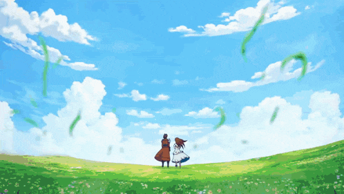 a man and a girl are standing in a grassy field with green ribbons flying in the sky